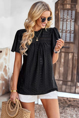 Frill Trim Round Neck Eyelet Puff Sleeve Blouse - SHE BADDY© ONLINE WOMEN FASHION & CLOTHING STORE