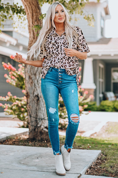 Leopard Button Front Short Sleeve Shirt with Breast Pockets - SHE BADDY© ONLINE WOMEN FASHION & CLOTHING STORE