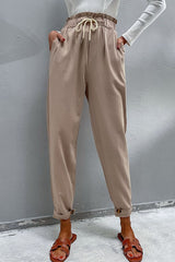 Drawstring Paperbag Waist Button Detail Pants - SHE BADDY© ONLINE WOMEN FASHION & CLOTHING STORE