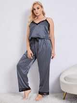 Plus Size Vertical Stripe Lace Trim Cami and Pants Pajama Set - SHE BADDY© ONLINE WOMEN FASHION & CLOTHING STORE