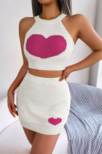 Heart Contrast Ribbed Sleeveless Knit Top and Skirt Set - SHE BADDY© ONLINE WOMEN FASHION & CLOTHING STORE