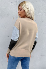 Color Block Ribbed Trim Round Neck Knit Pullover - SHE BADDY© ONLINE WOMEN FASHION & CLOTHING STORE