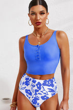 Half Snap Square Neck Tankini Set - SHE BADDY© ONLINE WOMEN FASHION & CLOTHING STORE