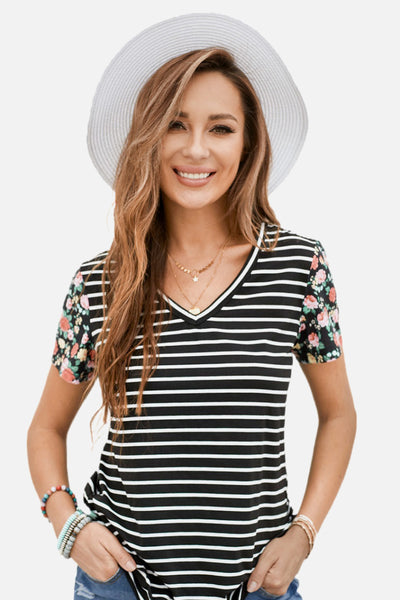 Floral Sleeves Striped T-shirt - SHE BADDY© ONLINE WOMEN FASHION & CLOTHING STORE