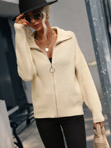 Rib-Knit Zip Up Collared Cardigan - SHE BADDY© ONLINE WOMEN FASHION & CLOTHING STORE