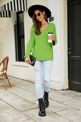 Drop Shoulder V-Neck Knit Pullover - SHE BADDY© ONLINE WOMEN FASHION & CLOTHING STORE