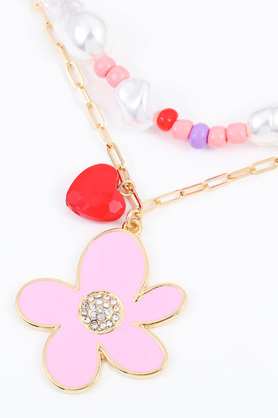 Flower and Heart Pendant Layered Necklace - SHE BADDY© ONLINE WOMEN FASHION & CLOTHING STORE