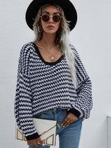 Striped Drop Shoulder V-Neck Pullover Sweater - SHE BADDY© ONLINE WOMEN FASHION & CLOTHING STORE