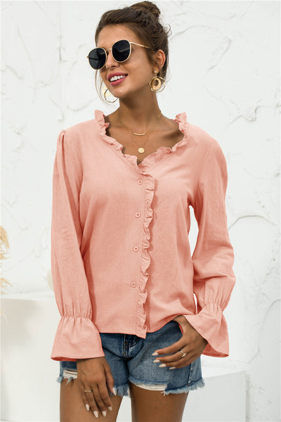 Frill Trim V-Neck Flounce Sleeve Shirt - SHE BADDY© ONLINE WOMEN FASHION & CLOTHING STORE