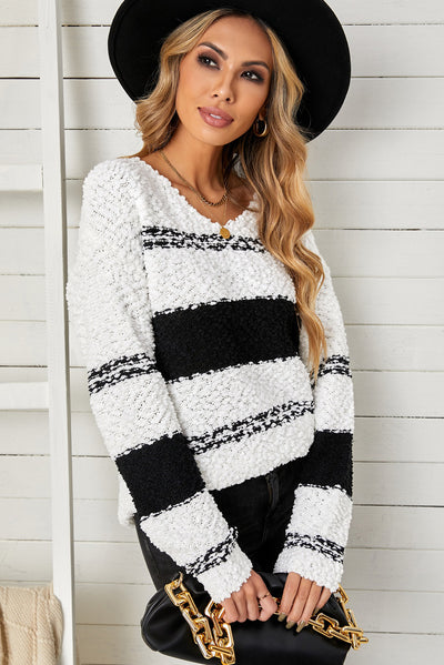 Striped V-Neck Popcorn Knit Sweater - SHE BADDY© ONLINE WOMEN FASHION & CLOTHING STORE