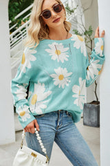 Daisy Print Openwork Round Neck Sweater - SHE BADDY© ONLINE WOMEN FASHION & CLOTHING STORE