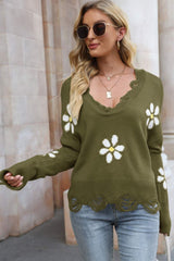 Flower Distressed Ribbed Trim Sweater - SHE BADDY© ONLINE WOMEN FASHION & CLOTHING STORE