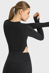 Side Slit Long Sleeve Round Neck Crop Top - SHE BADDY© ONLINE WOMEN FASHION & CLOTHING STORE