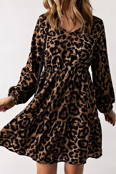 Leopard V-Neck Balloon Sleeve Tiered Dress - SHE BADDY© ONLINE WOMEN FASHION & CLOTHING STORE