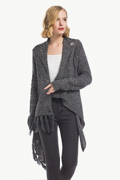 One-Button Tassel Tie Asymmetrical Hem Cardigan - SHE BADDY© ONLINE WOMEN FASHION & CLOTHING STORE