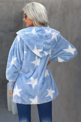 Star Open Front Fuzzy Hooded Jacket with Pockets - SHE BADDY© ONLINE WOMEN FASHION & CLOTHING STORE