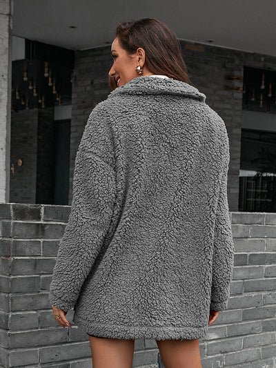 Zip-Up Collared Teddy Jacket - SHE BADDY© ONLINE WOMEN FASHION & CLOTHING STORE