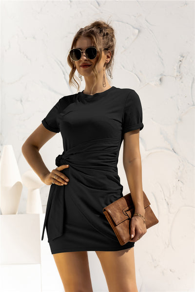 Round Neck Cuffed Sleeve Side Tie Dress - SHE BADDY© ONLINE WOMEN FASHION & CLOTHING STORE