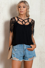 Strappy Neck Spliced Lace Eyelash Trim Blouse - SHE BADDY© ONLINE WOMEN FASHION & CLOTHING STORE