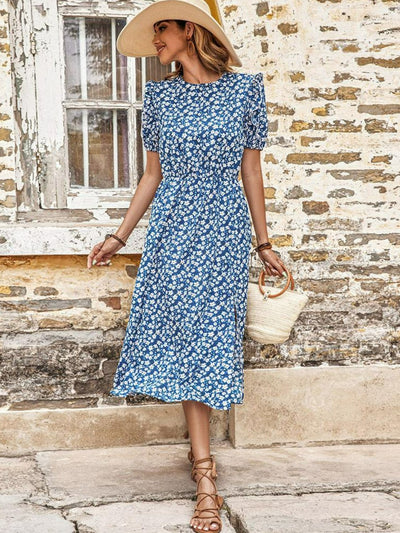 Floral Round Neck Split Midi Dress - SHE BADDY© ONLINE WOMEN FASHION & CLOTHING STORE