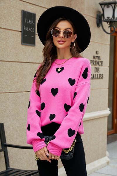 Heart Pattern Lantern Sleeve Round Neck Tunic Sweater - SHE BADDY© ONLINE WOMEN FASHION & CLOTHING STORE