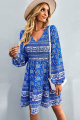 Bohemian V-Neck Balloon Sleeve Dress - SHE BADDY© ONLINE WOMEN FASHION & CLOTHING STORE