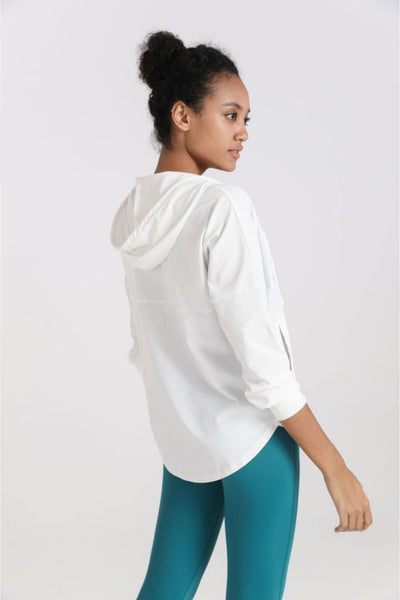 Curved Hem Drawstring Hooded Sports Jacket - SHE BADDY© ONLINE WOMEN FASHION & CLOTHING STORE