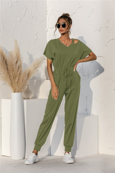 Cut Out V-neck Drawstring Jumpsuit - SHE BADDY© ONLINE WOMEN FASHION & CLOTHING STORE