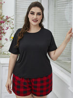 Plus Size Round Neck Tee Shirt and Plaid Shorts Lounge Set - SHE BADDY© ONLINE WOMEN FASHION & CLOTHING STORE