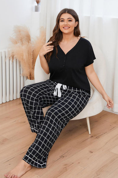 Plus Size V-Neck Top and Plaid Pants Lounge Set - SHE BADDY© ONLINE WOMEN FASHION & CLOTHING STORE