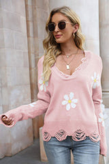 Flower Distressed Ribbed Trim Sweater - SHE BADDY© ONLINE WOMEN FASHION & CLOTHING STORE