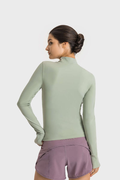 Half Zip Thumbhole Sleeve Sports Top - SHE BADDY© ONLINE WOMEN FASHION & CLOTHING STORE