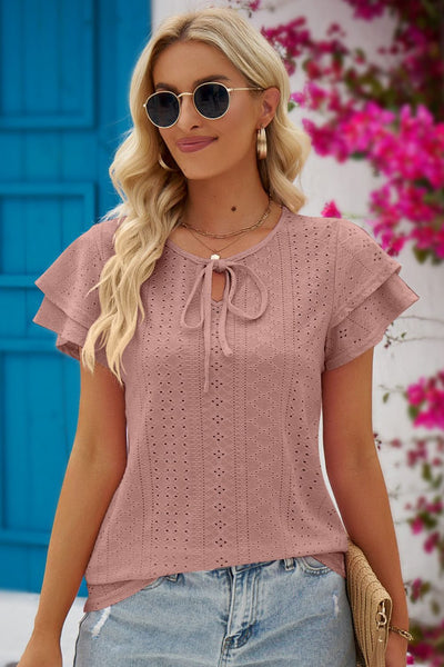 Eyelet Tie-Neck Flutter Sleeve Blouse - SHE BADDY© ONLINE WOMEN FASHION & CLOTHING STORE