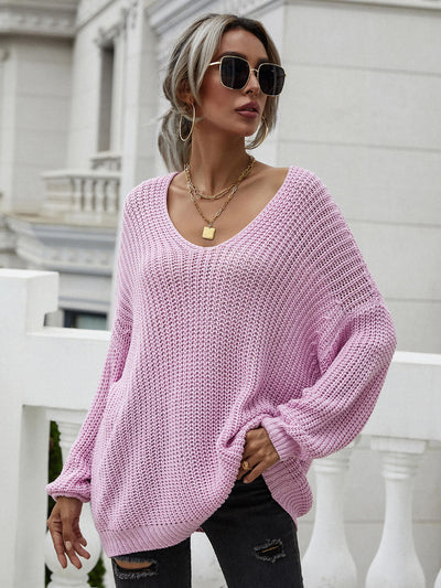 Rib-Knit Drop Shoulder V-Neck Pullover Sweater - SHE BADDY© ONLINE WOMEN FASHION & CLOTHING STORE