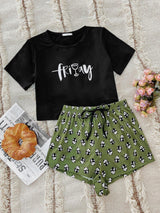 Graphic Tee and Panda Print Shorts Lounge Set - SHE BADDY© ONLINE WOMEN FASHION & CLOTHING STORE