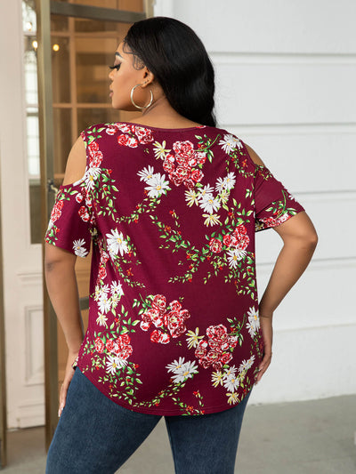 Plus Size Cold-Shoulder Round Neck Curved Hem Tee - SHE BADDY© ONLINE WOMEN FASHION & CLOTHING STORE