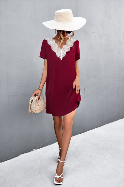 Spliced Lace Contrast Short Sleeve Dress - SHE BADDY© ONLINE WOMEN FASHION & CLOTHING STORE
