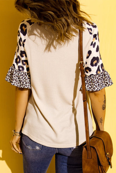 Easter Leopard Waffle-Knit Flounce Sleeve Top - SHE BADDY© ONLINE WOMEN FASHION & CLOTHING STORE
