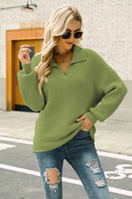 Horizontal Ribbing Johnny Collar Sweater - SHE BADDY© ONLINE WOMEN FASHION & CLOTHING STORE