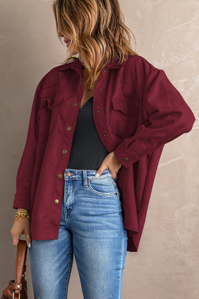 Suede Snap Front Dropped Shoulder Jacket - SHE BADDY© ONLINE WOMEN FASHION & CLOTHING STORE