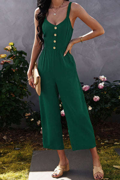 Decorative Button Wide Leg Cropped Jumpsuit - SHE BADDY© ONLINE WOMEN FASHION & CLOTHING STORE