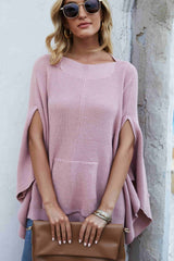 Waffle-Knit Cloak Sleeve Pocket Sweater - SHE BADDY© ONLINE WOMEN FASHION & CLOTHING STORE