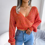 Heathered Surplice Cropped Sweater - SHE BADDY© ONLINE WOMEN FASHION & CLOTHING STORE