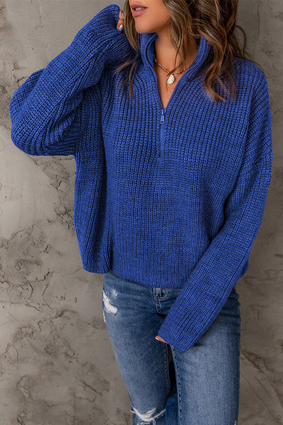 Half Zip Rib-Knit Dropped Shoulder Sweater - SHE BADDY© ONLINE WOMEN FASHION & CLOTHING STORE