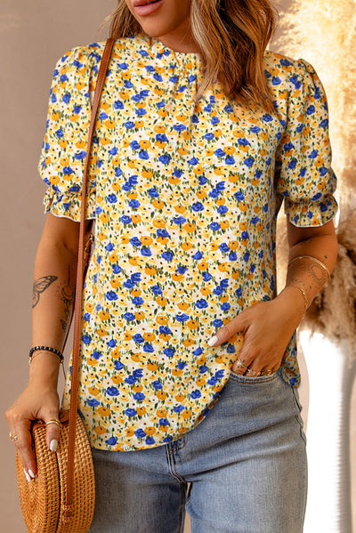 Floral Puff Sleve Keyhole Blouse - SHE BADDY© ONLINE WOMEN FASHION & CLOTHING STORE