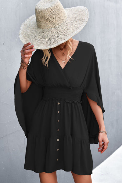 Decorative Button Smocked Waist Surplice Dress - SHE BADDY© ONLINE WOMEN FASHION & CLOTHING STORE