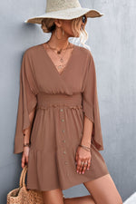 Decorative Button Smocked Waist Surplice Dress - SHE BADDY© ONLINE WOMEN FASHION & CLOTHING STORE