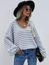 Striped Drop Shoulder V-Neck Pullover Sweater - SHE BADDY© ONLINE WOMEN FASHION & CLOTHING STORE