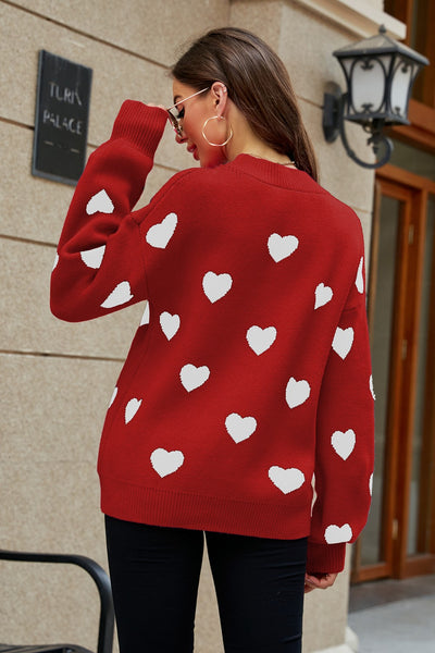 Heart Pattern Lantern Sleeve Round Neck Tunic Sweater - SHE BADDY© ONLINE WOMEN FASHION & CLOTHING STORE