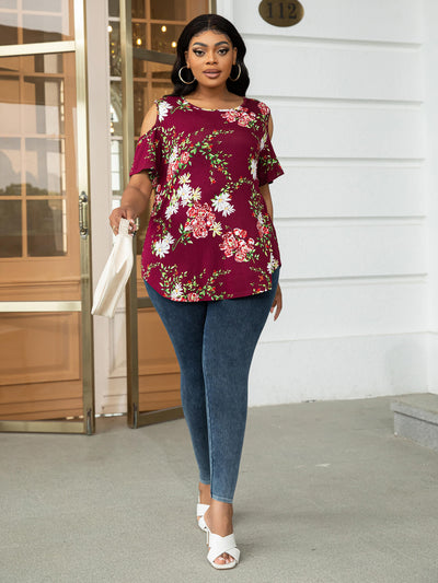 Plus Size Cold-Shoulder Round Neck Curved Hem Tee - SHE BADDY© ONLINE WOMEN FASHION & CLOTHING STORE